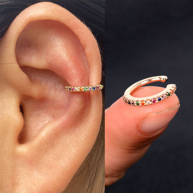 1Pc Hollow Geometry Rainbow CZ Cuff Wrap Clip On Earrings Women Climber Ear Cartilage Bone Clips