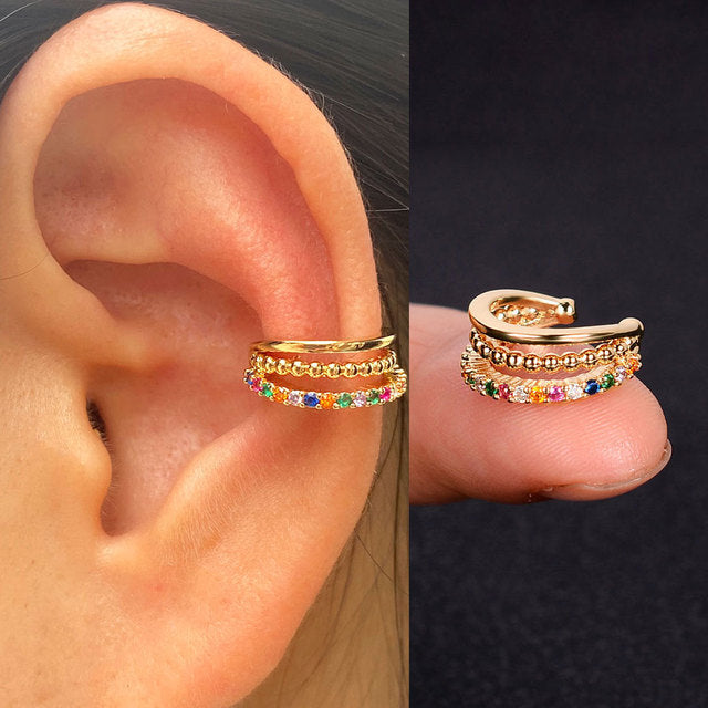 1Pc Hollow Geometry Rainbow CZ Cuff Wrap Clip On Earrings Women Climber Ear Cartilage Bone Clips